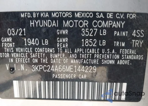 2021 Hyundai Accent Se z USA, uszkodzony, nr VIN 3KPC24A66ME144229